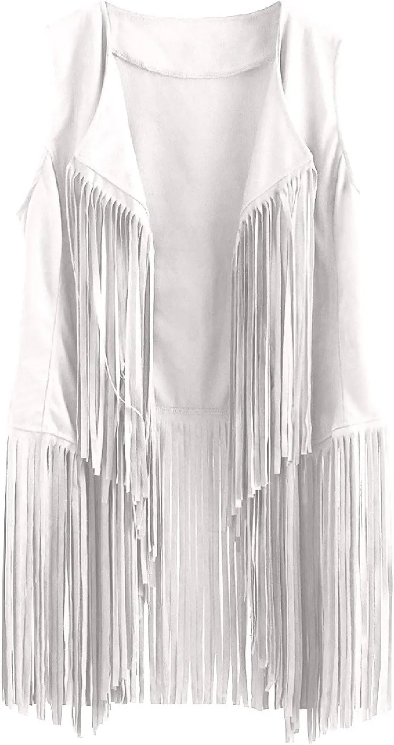 Womens Tassel Suede Vest Sleeveless Fringe Jacket 70s Hippie Vest Cowgirl Western Faux Suede Tassel Leather Outerwear