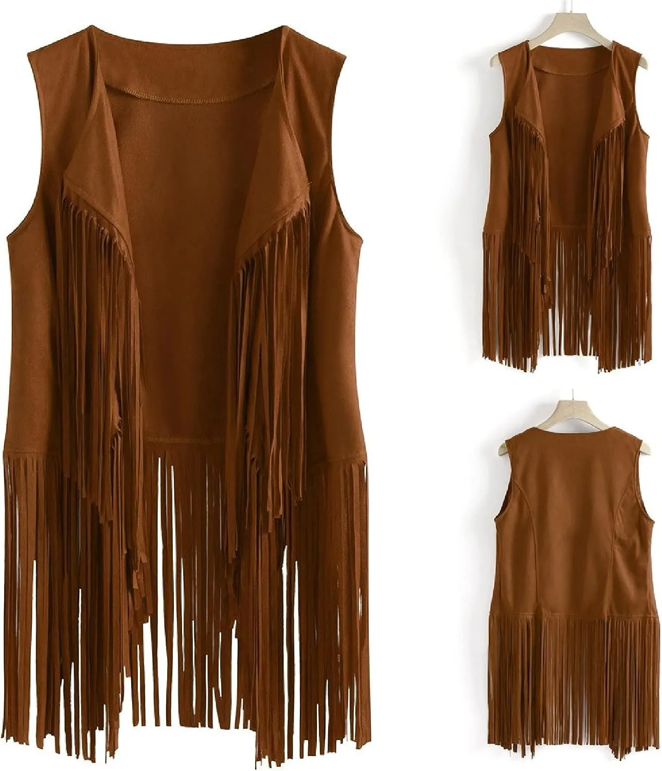 Womens Tassel Suede Vest Sleeveless Fringe Jacket 70s Hippie Vest Cowgirl Western Faux Suede Tassel Leather Outerwear