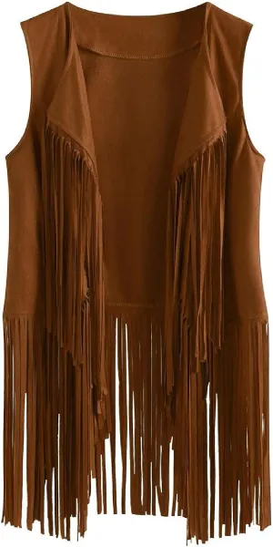 Womens Tassel Suede Vest Sleeveless Fringe Jacket 70s Hippie Vest Cowgirl Western Faux Suede Tassel Leather Outerwear
