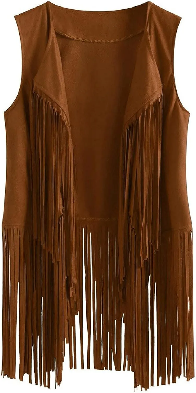 Womens Tassel Suede Vest Sleeveless Fringe Jacket 70s Hippie Vest Cowgirl Western Faux Suede Tassel Leather Outerwear