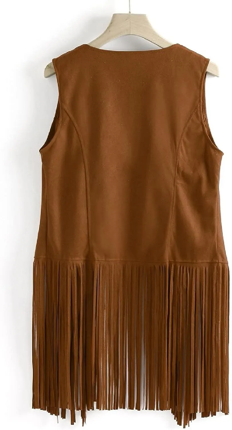 Womens Tassel Suede Vest Sleeveless Fringe Jacket 70s Hippie Vest Cowgirl Western Faux Suede Tassel Leather Outerwear