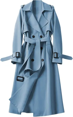 Womens Trench Coat Long Double Breasted Jacket Classic Elegant Windproof Lapel Overcoat with Belt Fall Winter Outwear