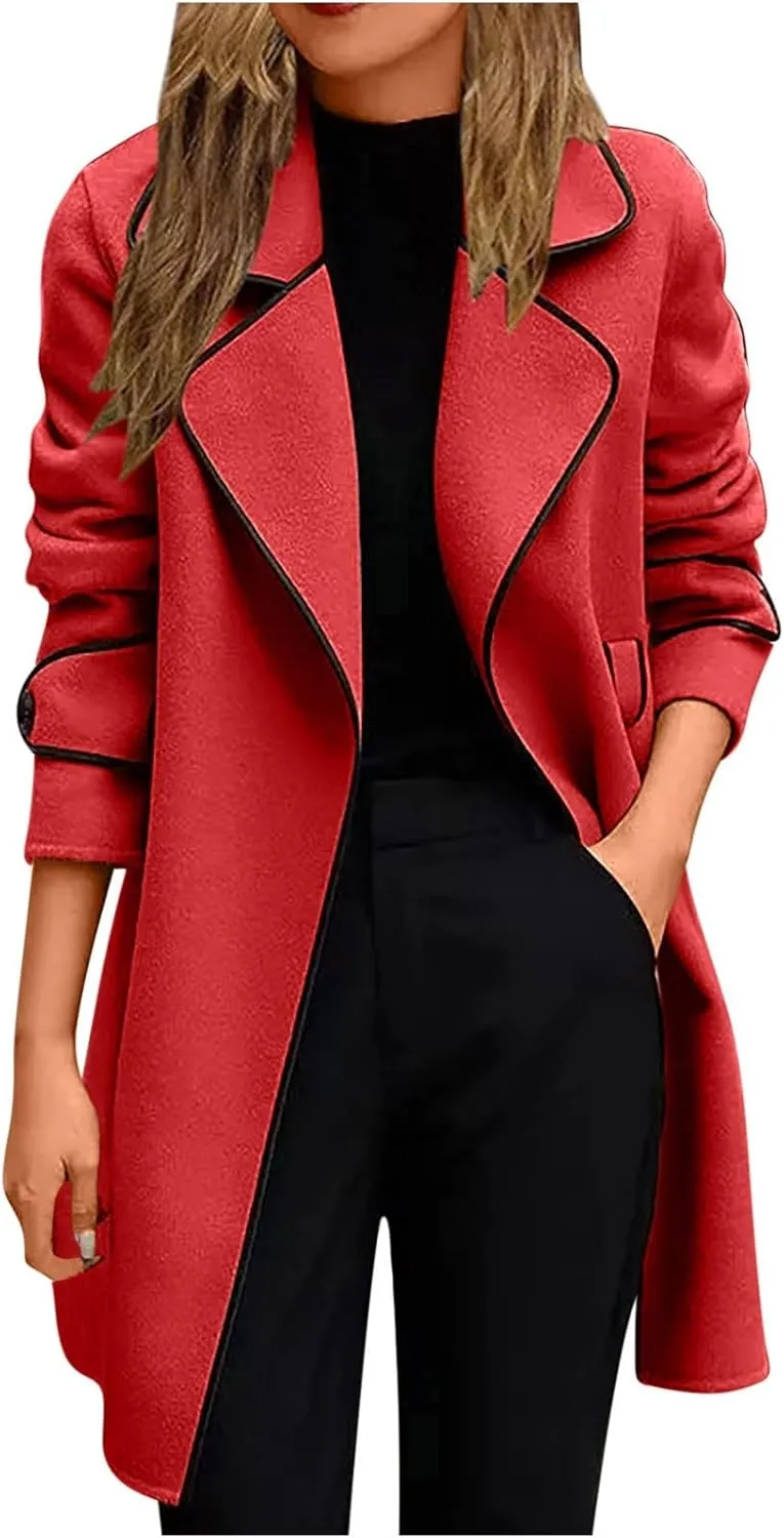 Womens Trench Coat Mid Length Trendy Open Front Knit Coats Winter Windbreaker Outerwear Classic Lapel Overcoat