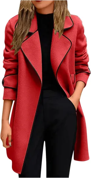 Womens Trench Coat Mid Length Trendy Open Front Knit Coats Winter Windbreaker Outerwear Classic Lapel Overcoat