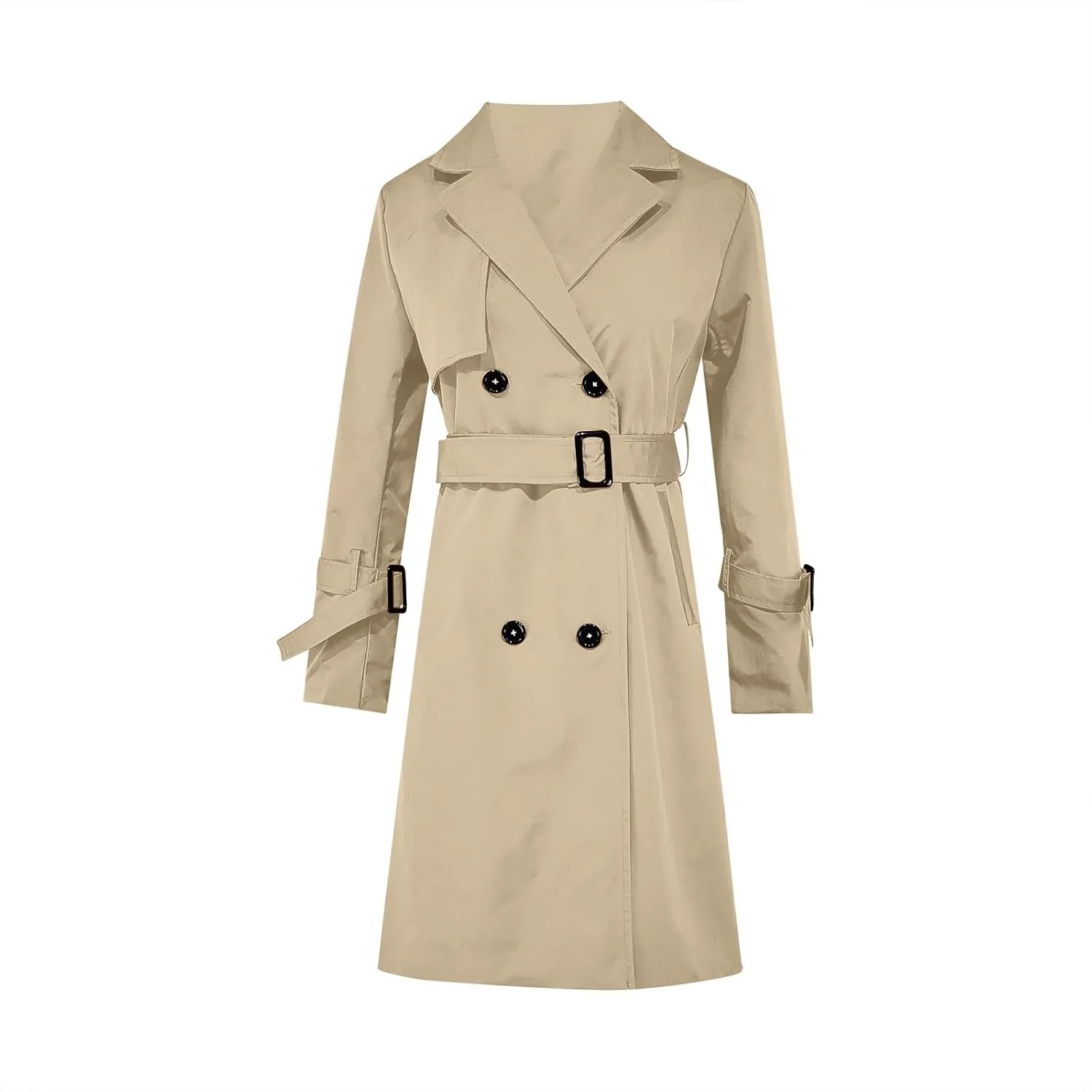 Womens Trench Coat Mid Long Retro Double-Breasted Winter Outwear Classic Lapel Overcoat Solid Slim Outerwear 2024
