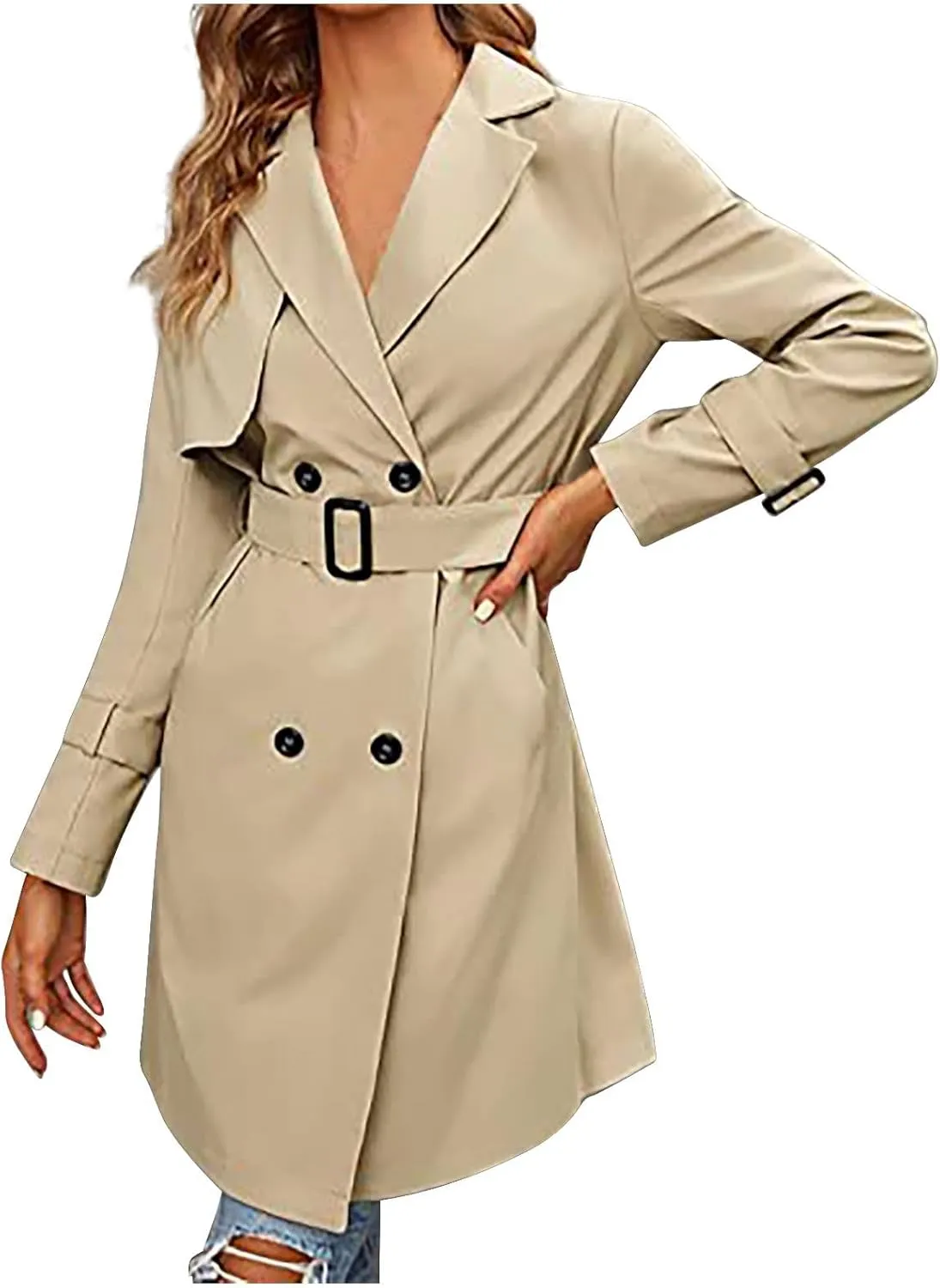 Womens Trench Coat Mid Long Retro Double-Breasted Winter Outwear Classic Lapel Overcoat Solid Slim Outerwear 2024