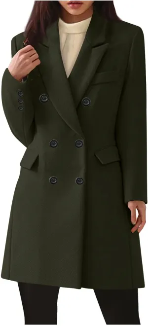 Womens Trench Coat Warm Double Breasted Wool Pea Coat Notched Lapel Long Sleeve Jacket Overcoat with Pockets