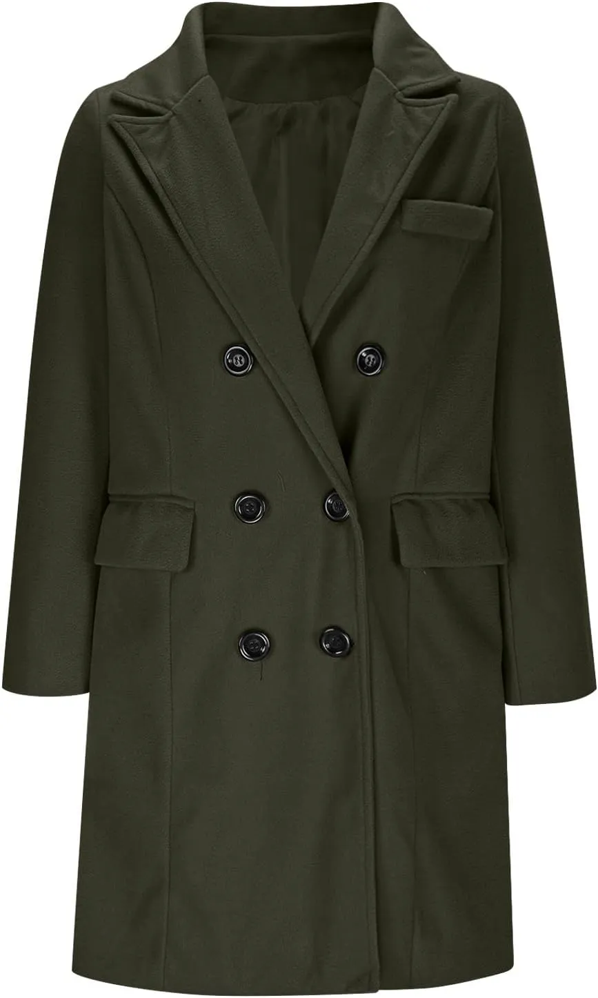 Womens Trench Coat Warm Double Breasted Wool Pea Coat Notched Lapel Long Sleeve Jacket Overcoat with Pockets