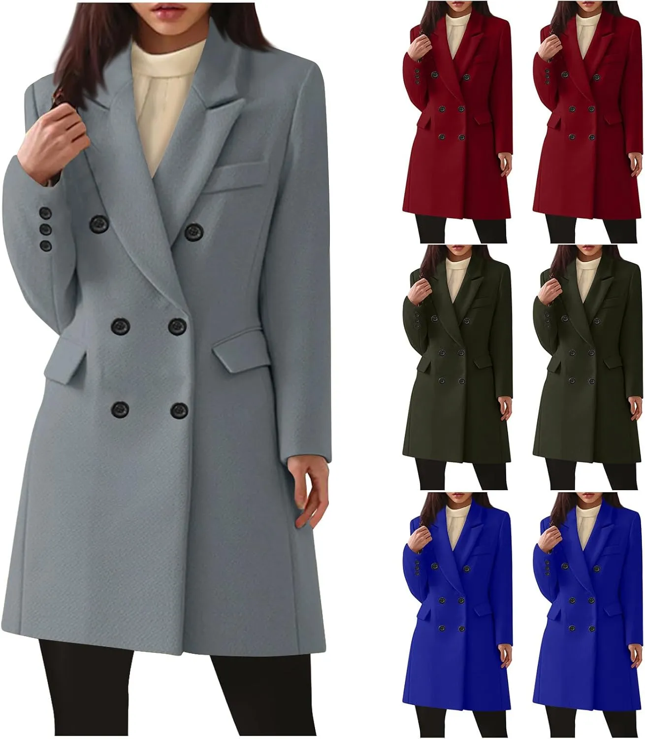 Womens Trench Coat Warm Double Breasted Wool Pea Coat Notched Lapel Long Sleeve Jacket Overcoat with Pockets