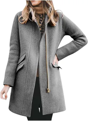 Womens Trench Coat Zip up Peacoat Wool Blend Long Coat Open Front Cardigan Casual Office Jacket Falll Winter Outfits