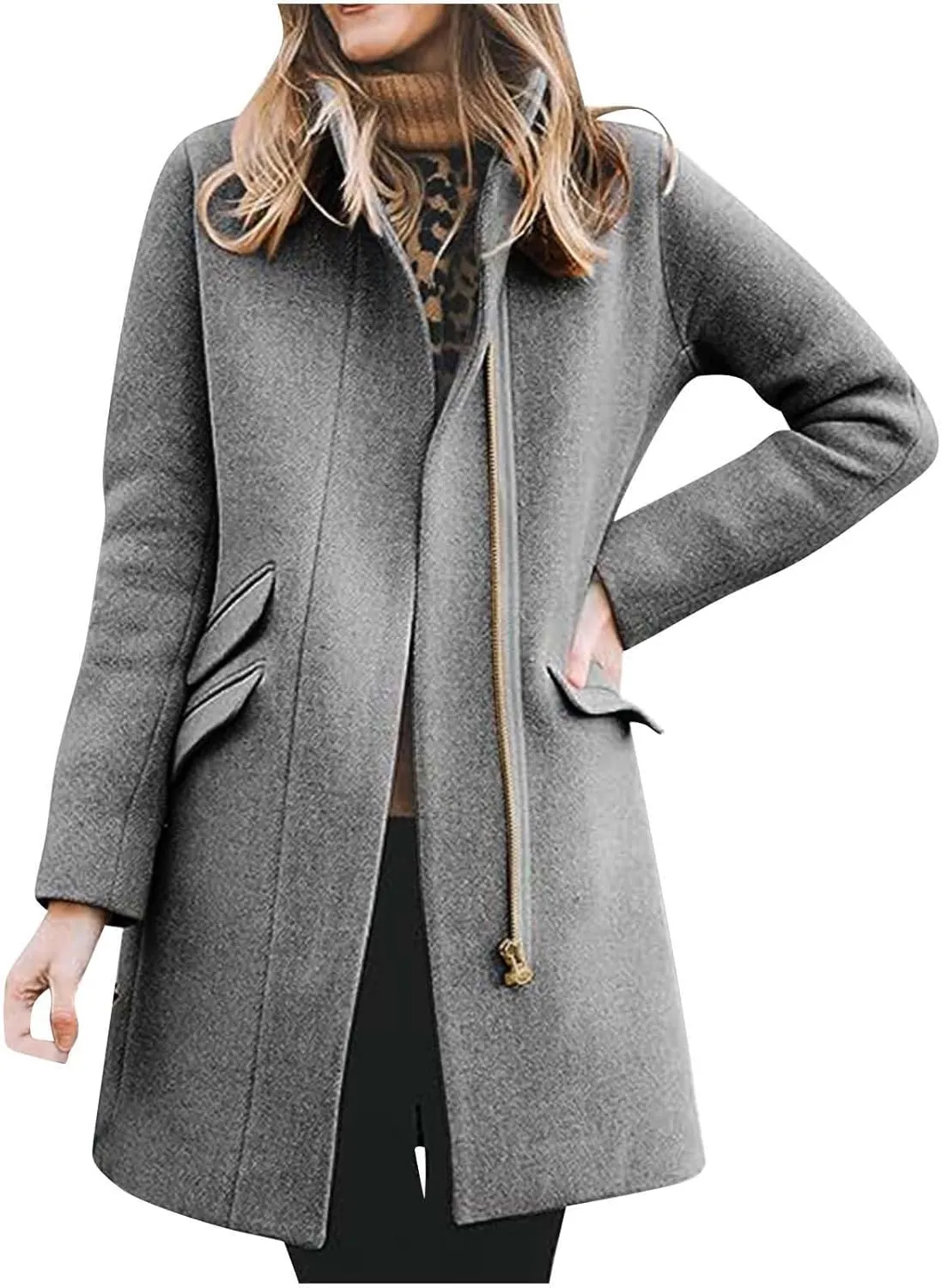 Womens Trench Coat Zip up Peacoat Wool Blend Long Coat Open Front Cardigan Casual Office Jacket Falll Winter Outfits
