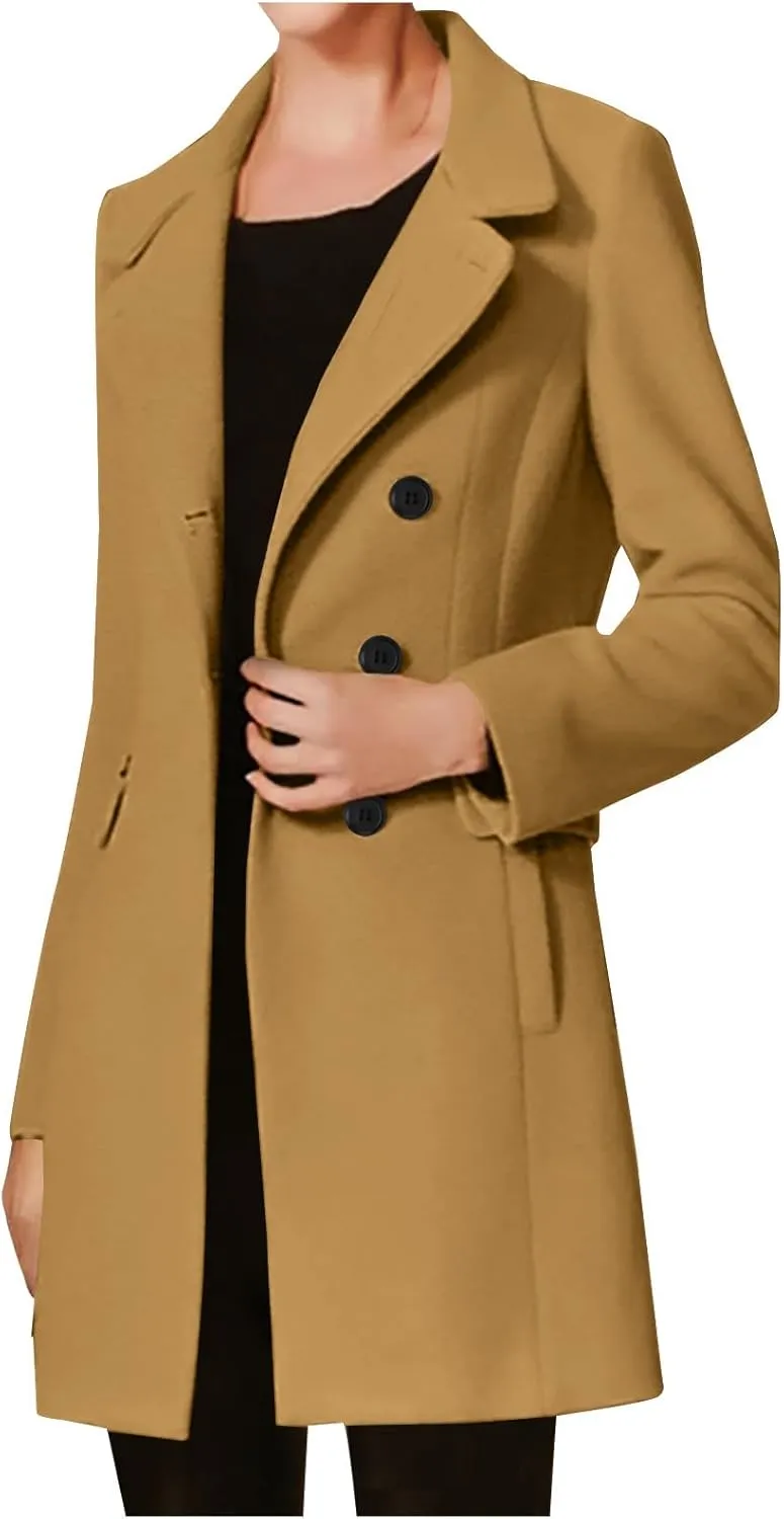 Womens Trench Coats 2024 Notch Lapel Mid-Long Open Front Pea Coat Wool Blend Warm Winter Jackets With Pockets