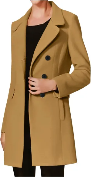 Womens Trench Coats 2024 Notch Lapel Mid-Long Open Front Pea Coat Wool Blend Warm Winter Jackets With Pockets