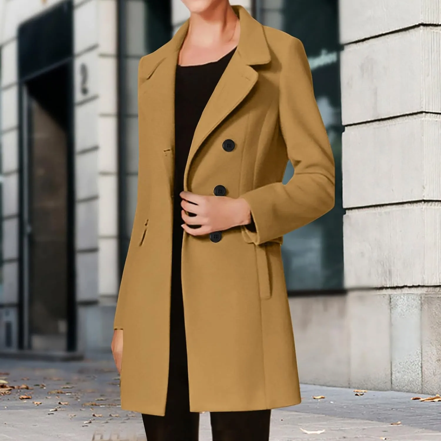 Womens Trench Coats 2024 Notch Lapel Mid-Long Open Front Pea Coat Wool Blend Warm Winter Jackets With Pockets