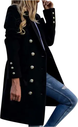 Women's Trench Coats Casual Button Down Stand Collar Pea Coat Wool Blend Warm Winter Jacket Outerwear with Pockets