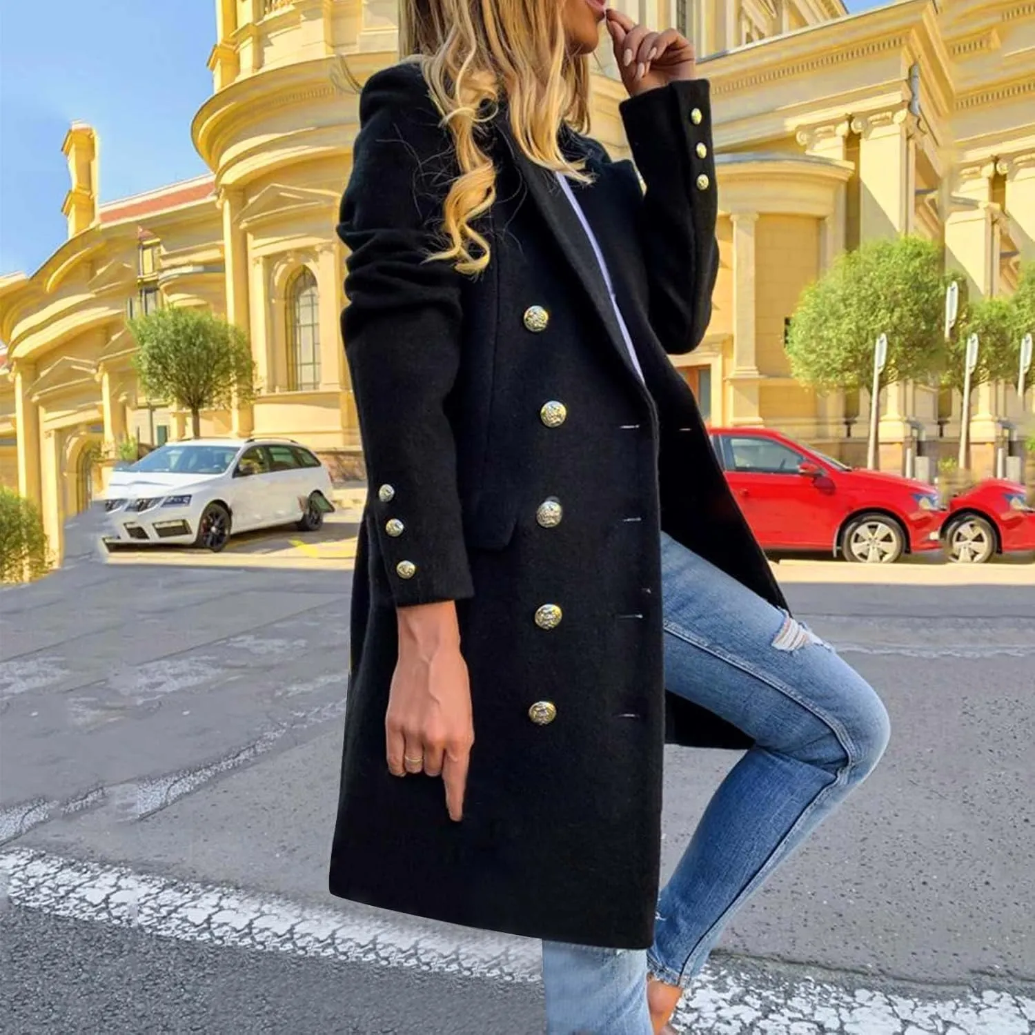 Women's Trench Coats Casual Button Down Stand Collar Pea Coat Wool Blend Warm Winter Jacket Outerwear with Pockets