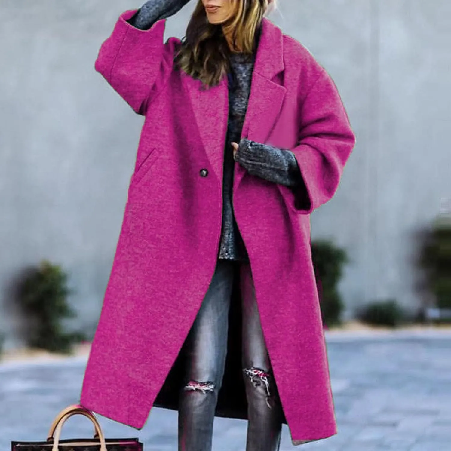 Women's Trench Coats Casual Button Down Stand Collar Pea Coat Wool Blend Warm Winter Jacket Outerwear with Pockets