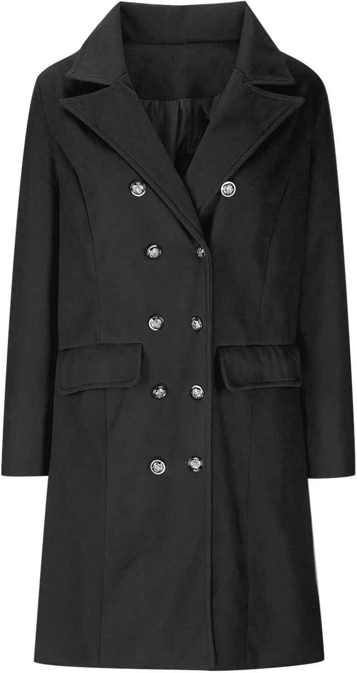 Women's Trench Coats Casual Button Down Stand Collar Pea Coat Wool Blend Warm Winter Jacket Outerwear with Pockets