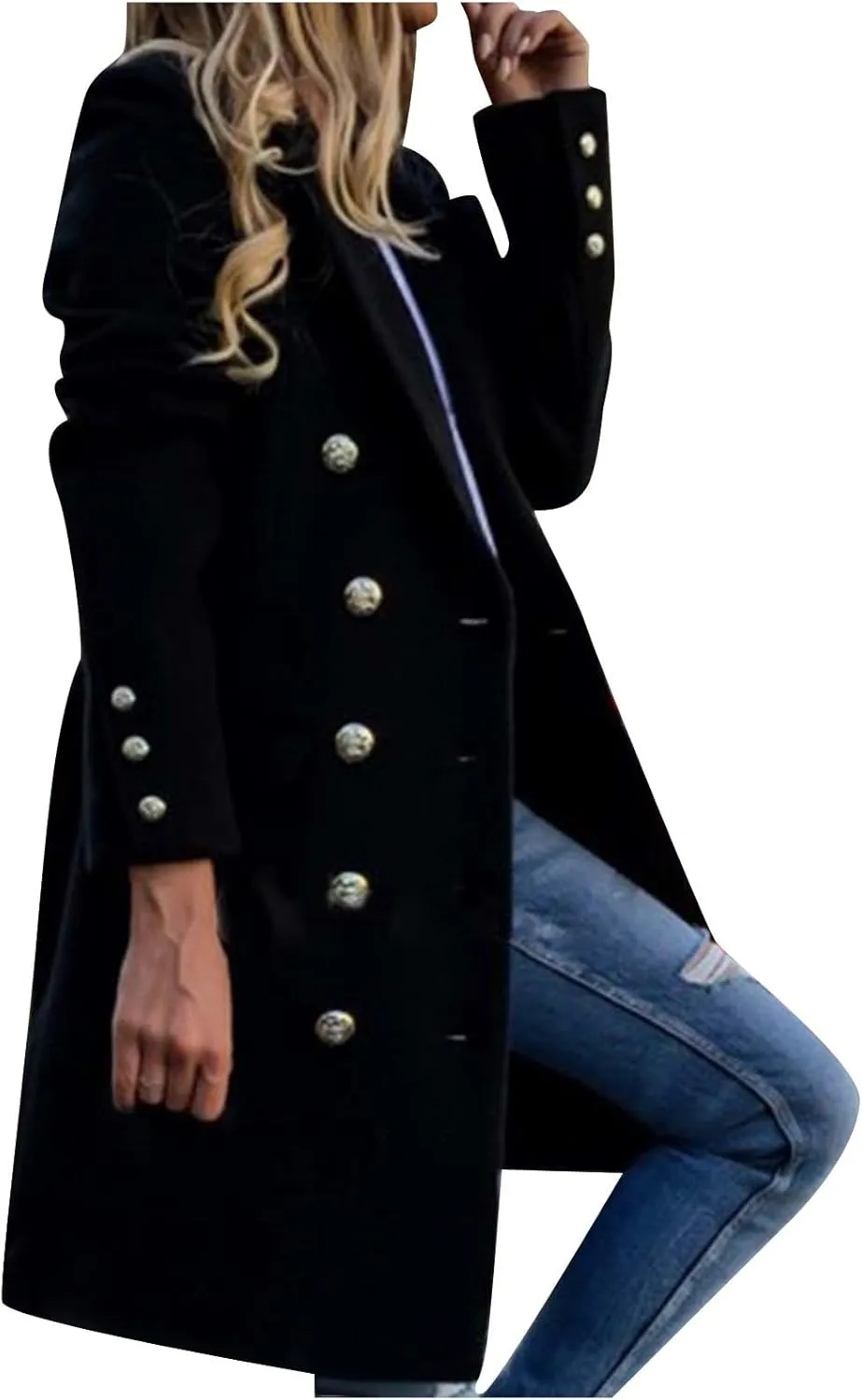 Women's Trench Coats Casual Button Down Stand Collar Pea Coat Wool Blend Warm Winter Jacket Outerwear with Pockets