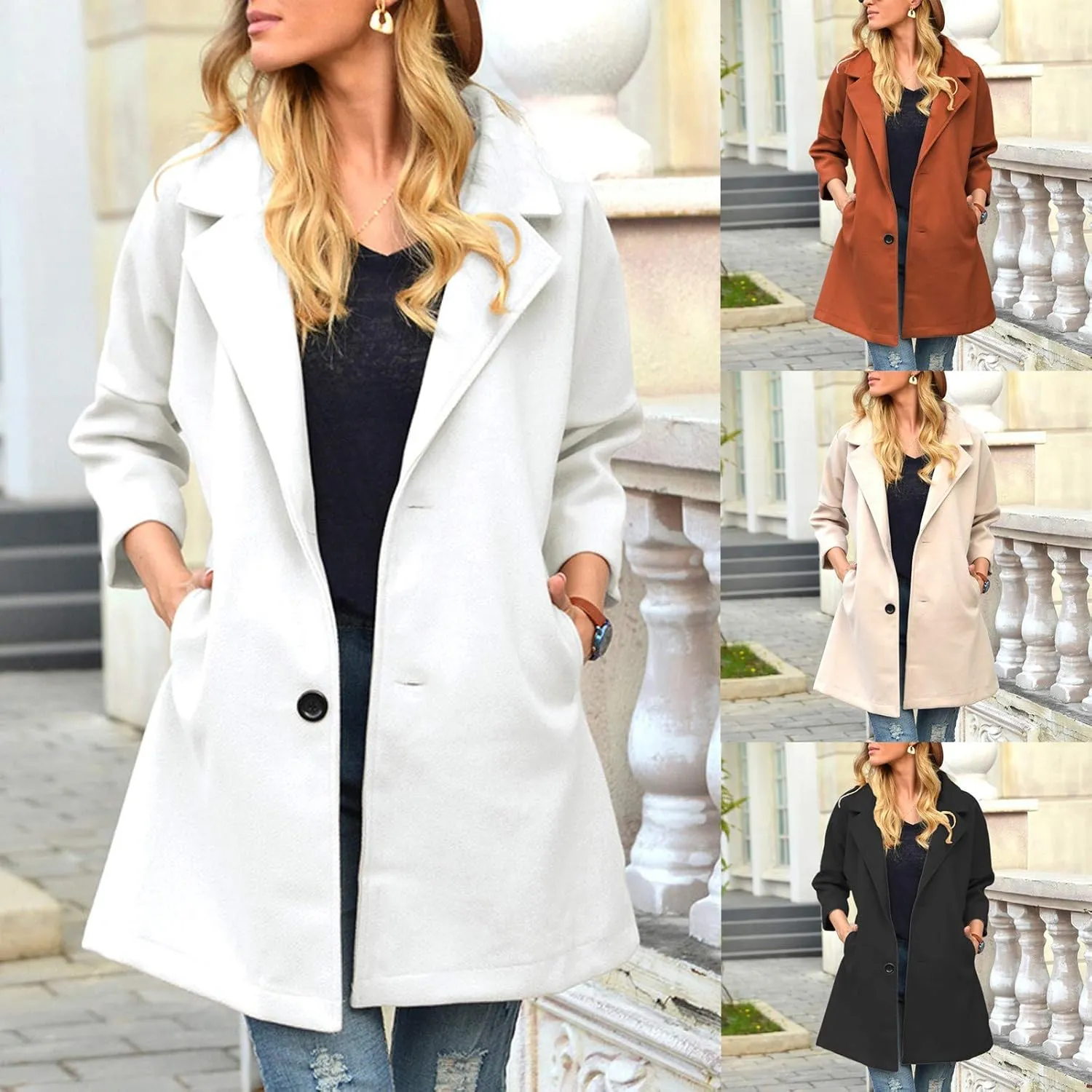 Women's Trench Coats Notched Lapel Collar Singe Breasted Pea Coat 2024 Fall Winter Wool Blend Over Coats Long Jackets