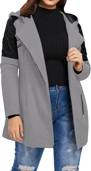 Womens Trench Coats Side Zipper Hoodie Jackets Plus Size Wool-Blend Notch Lapel Parka Asymmetrical Moto Jacket
