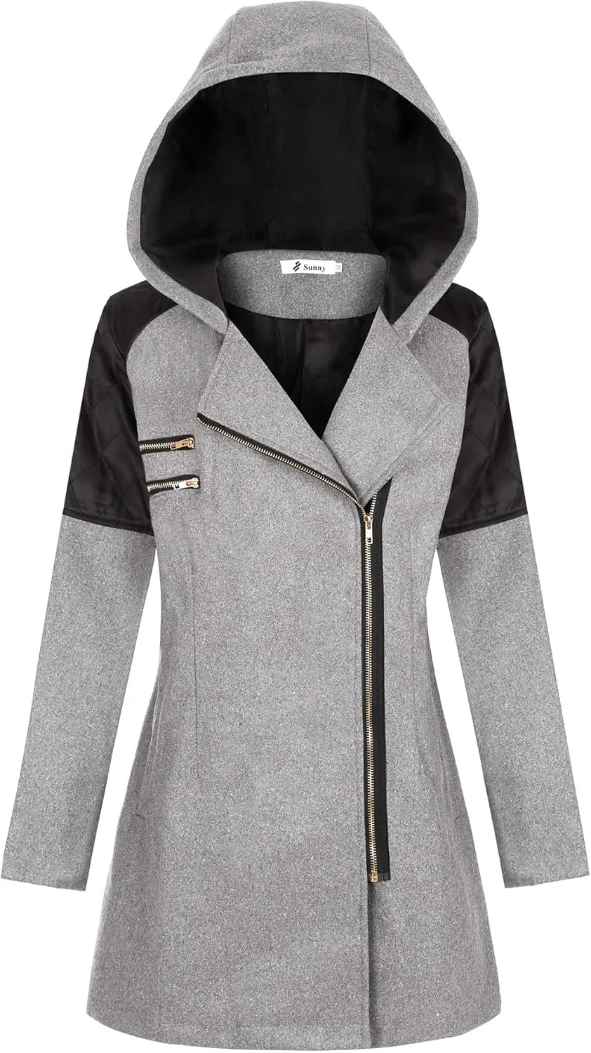 Womens Trench Coats Side Zipper Hoodie Jackets Plus Size Wool-Blend Notch Lapel Parka Asymmetrical Moto Jacket