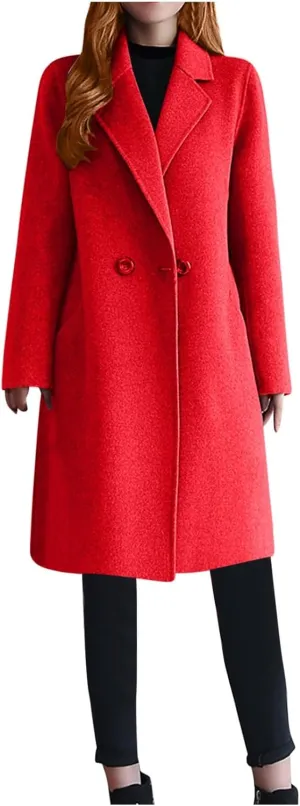 Women's Trench Coats Single Breasted Long Winter Coats Lapel Collar Pea Coat Bussiness Casual Office Jackets