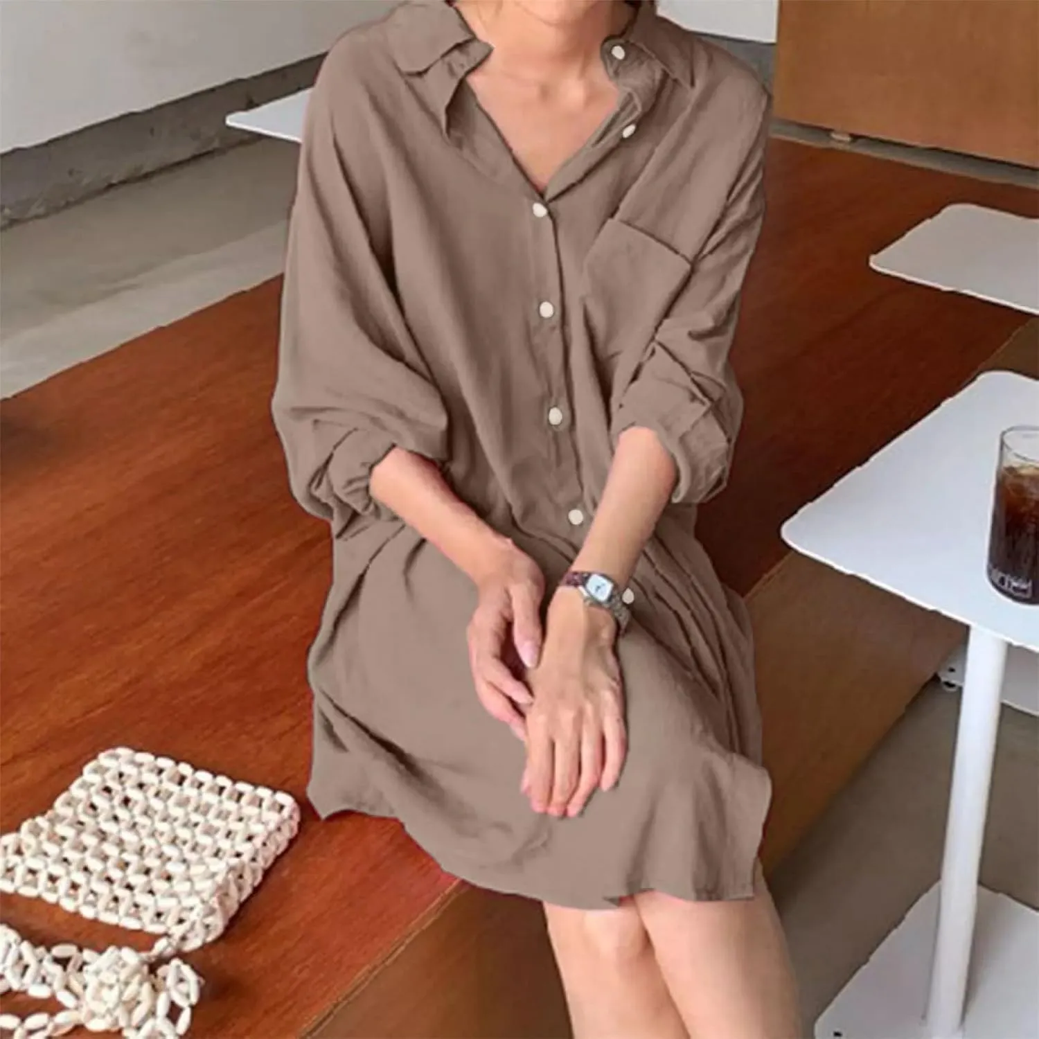 Women's Tunic Mini Shirt Dress Casual Long Sleeve Button Up Ruffle Hem Dress Flowy Chambray Dresses