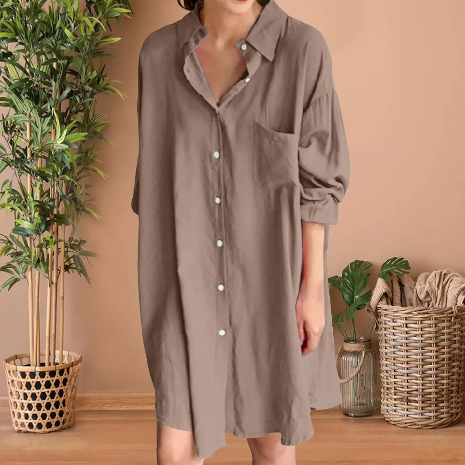 Women's Tunic Mini Shirt Dress Casual Long Sleeve Button Up Ruffle Hem Dress Flowy Chambray Dresses