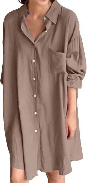 Women's Tunic Mini Shirt Dress Casual Long Sleeve Button Up Ruffle Hem Dress Flowy Chambray Dresses