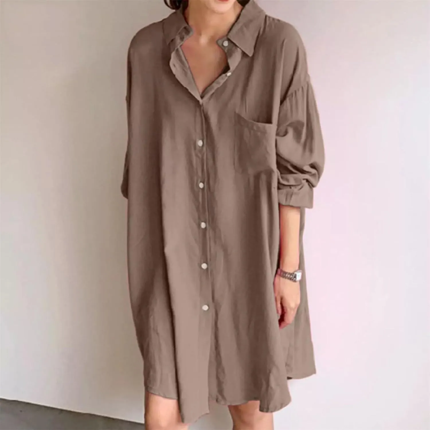 Women's Tunic Mini Shirt Dress Casual Long Sleeve Button Up Ruffle Hem Dress Flowy Chambray Dresses