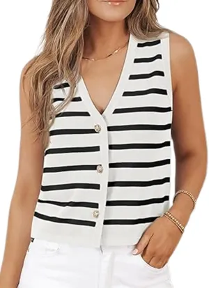 Womens Vests Tops for Women Casual V Neck Sleeveless Striped Knit Sweater