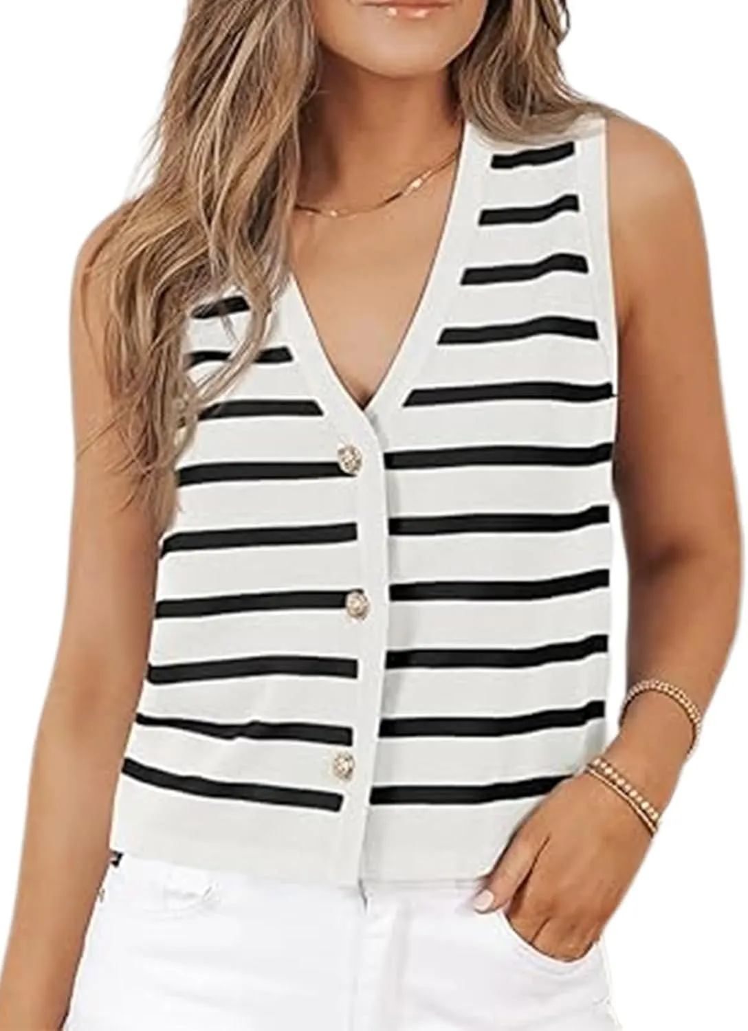 Womens Vests Tops for Women Casual V Neck Sleeveless Striped Knit Sweater