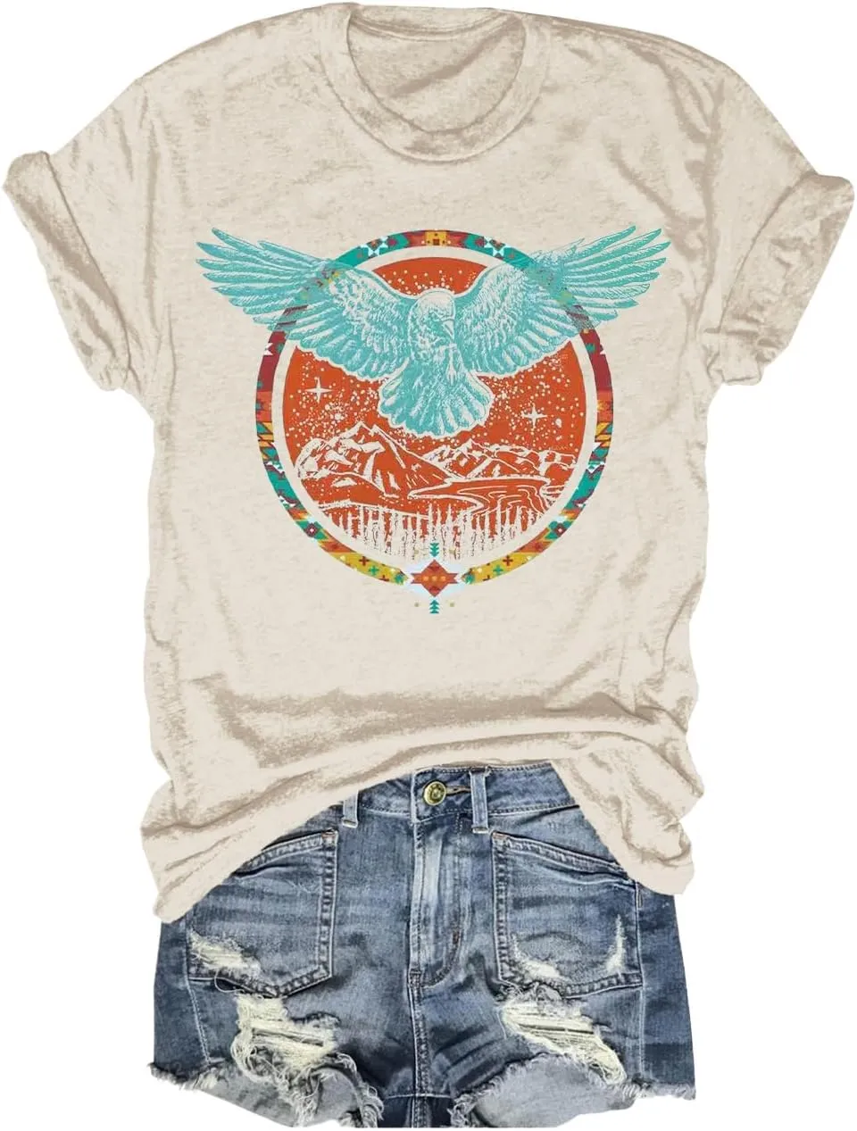 Women's Vintage Bohemian T-Shirt Summer Boho Short Sleeve Eagle Hippie Bird Shirt Graphic Tee Tops