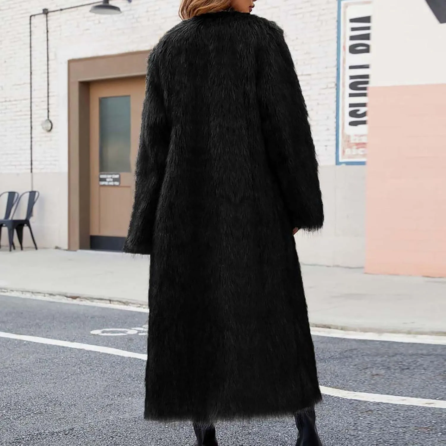 Womens Warm Long Fuzzy Coats Open Front Faux Fur Floor Length Overcoat Heavyweight Luxurious Warm Cozy Outerwear