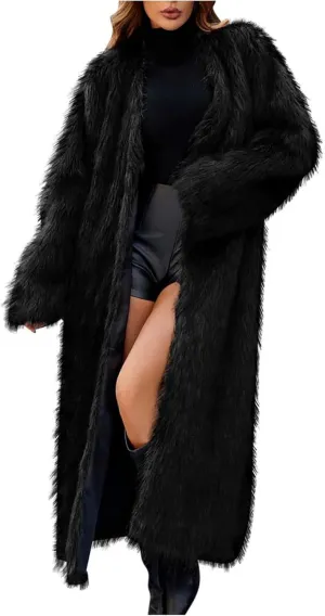 Womens Warm Long Fuzzy Coats Open Front Faux Fur Floor Length Overcoat Heavyweight Luxurious Warm Cozy Outerwear
