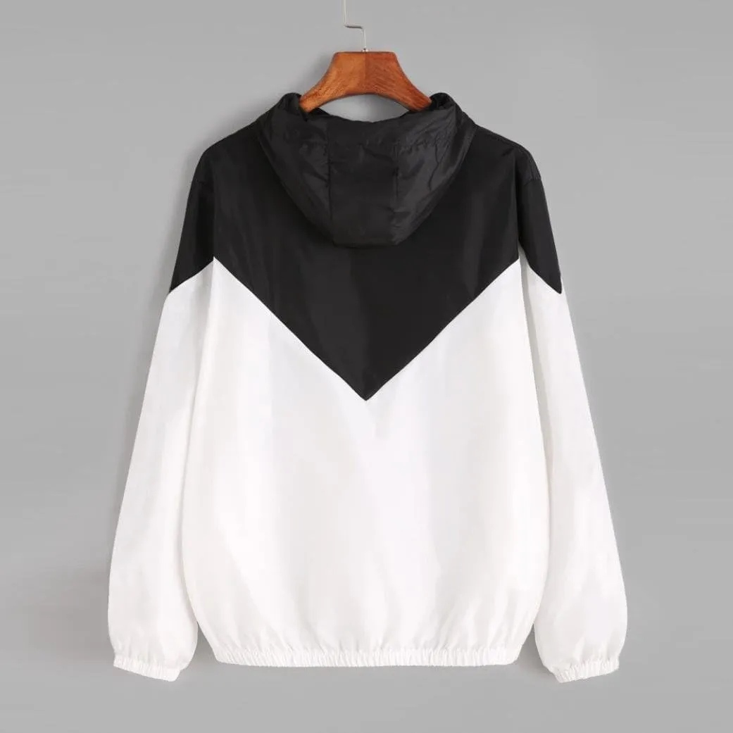Womens Windbreaker Jacket Color Block Drawstring Hooded Sports Jacket Lightweight Outdoor Raincoat