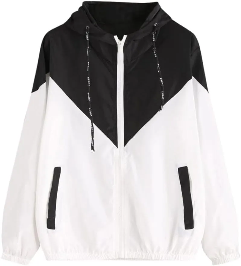 Womens Windbreaker Jacket Color Block Drawstring Hooded Sports Jacket Lightweight Outdoor Raincoat
