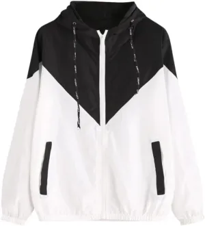 Womens Windbreaker Jacket Color Block Drawstring Hooded Sports Jacket Lightweight Outdoor Raincoat