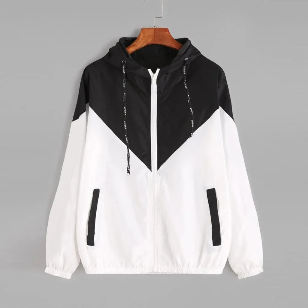 Womens Windbreaker Jacket Color Block Drawstring Hooded Sports Jacket Lightweight Outdoor Raincoat
