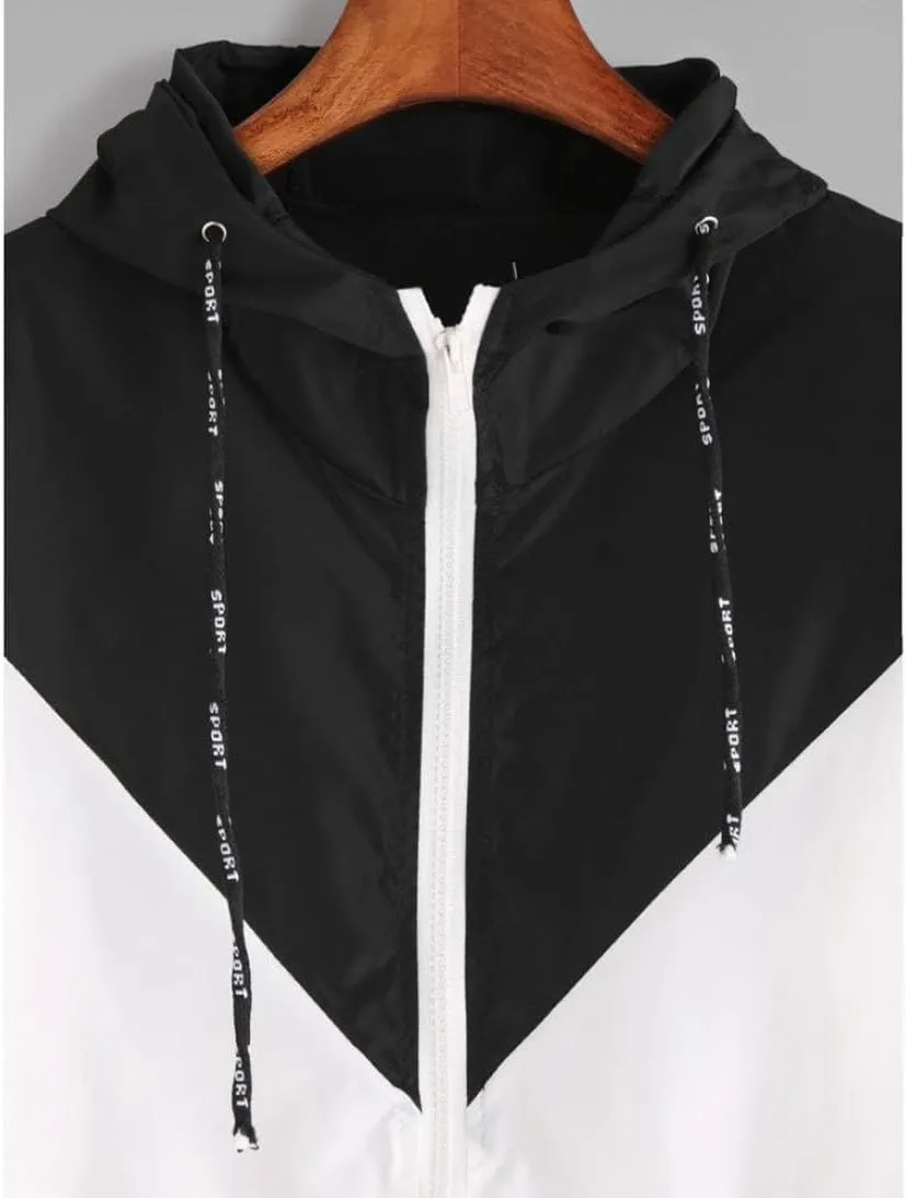 Womens Windbreaker Jacket Color Block Drawstring Hooded Sports Jacket Lightweight Outdoor Raincoat