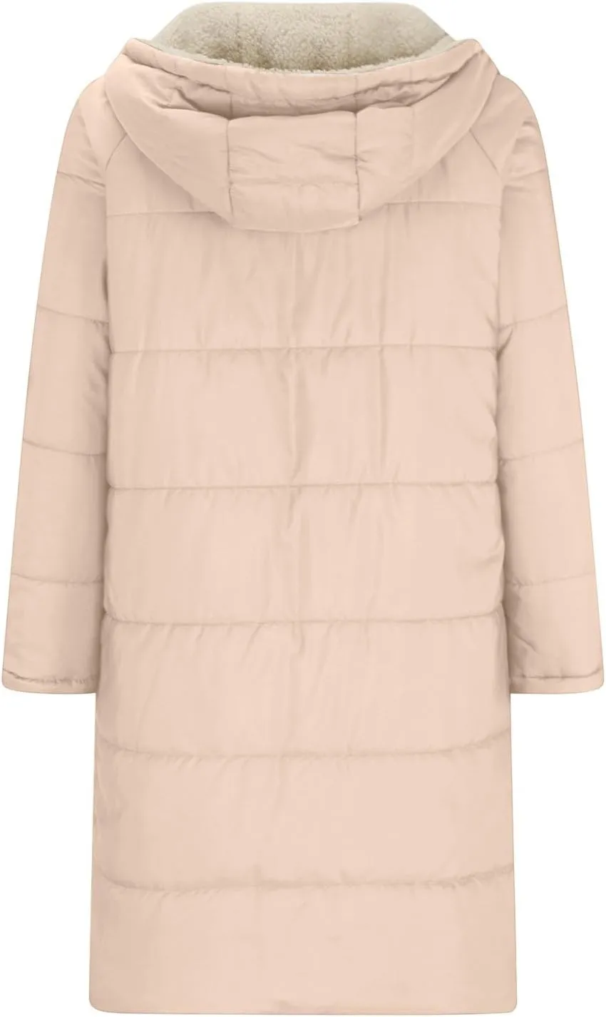 Womens Winter Coats Long Sherpa Fleece Lined Reversible Jacket Warm Faux Fur Coat Zip Up Quilted Outerwear with Hood