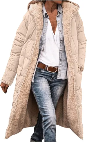 Womens Winter Coats Long Sherpa Fleece Lined Reversible Jacket Warm Faux Fur Coat Zip Up Quilted Outerwear with Hood