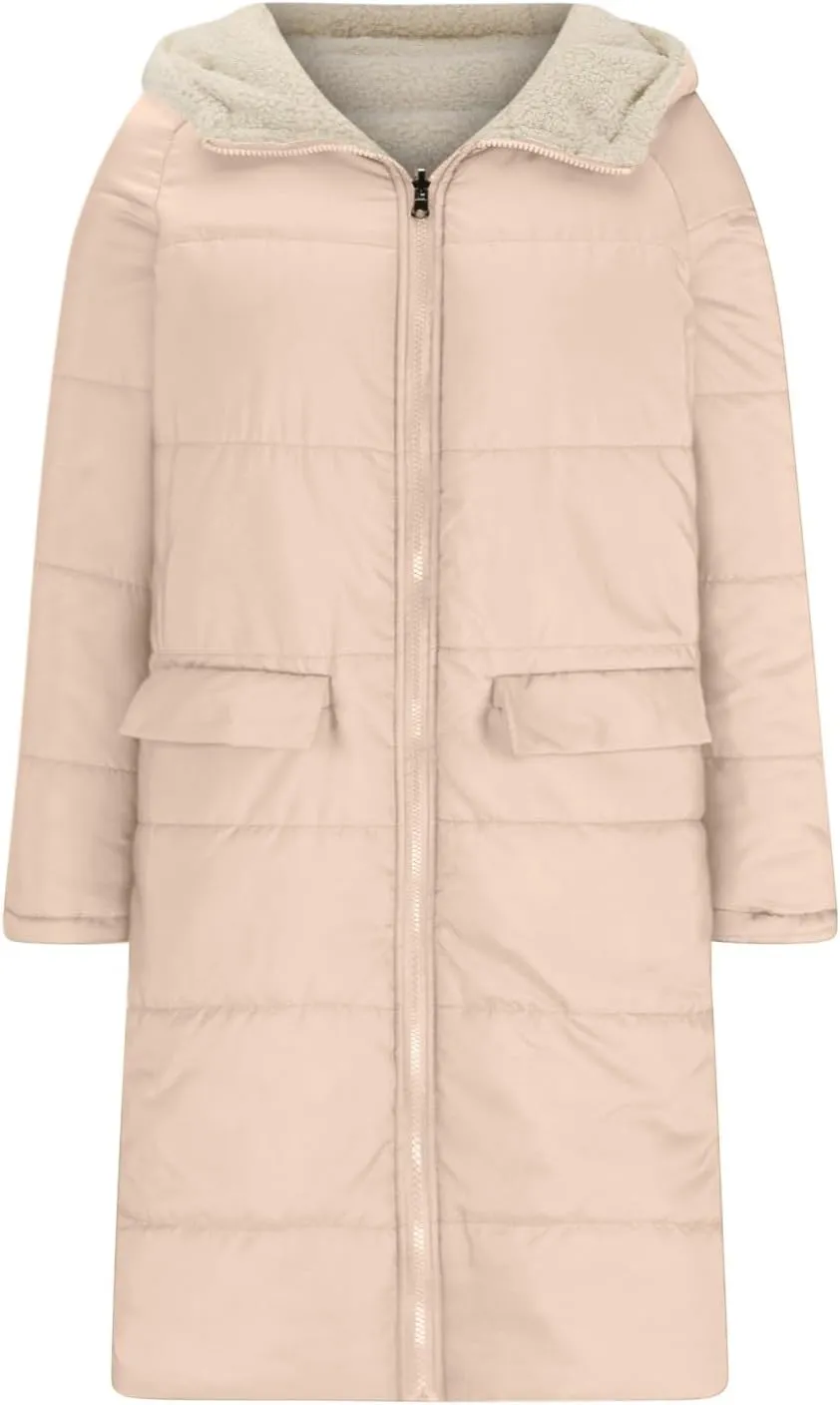 Womens Winter Coats Long Sherpa Fleece Lined Reversible Jacket Warm Faux Fur Coat Zip Up Quilted Outerwear with Hood