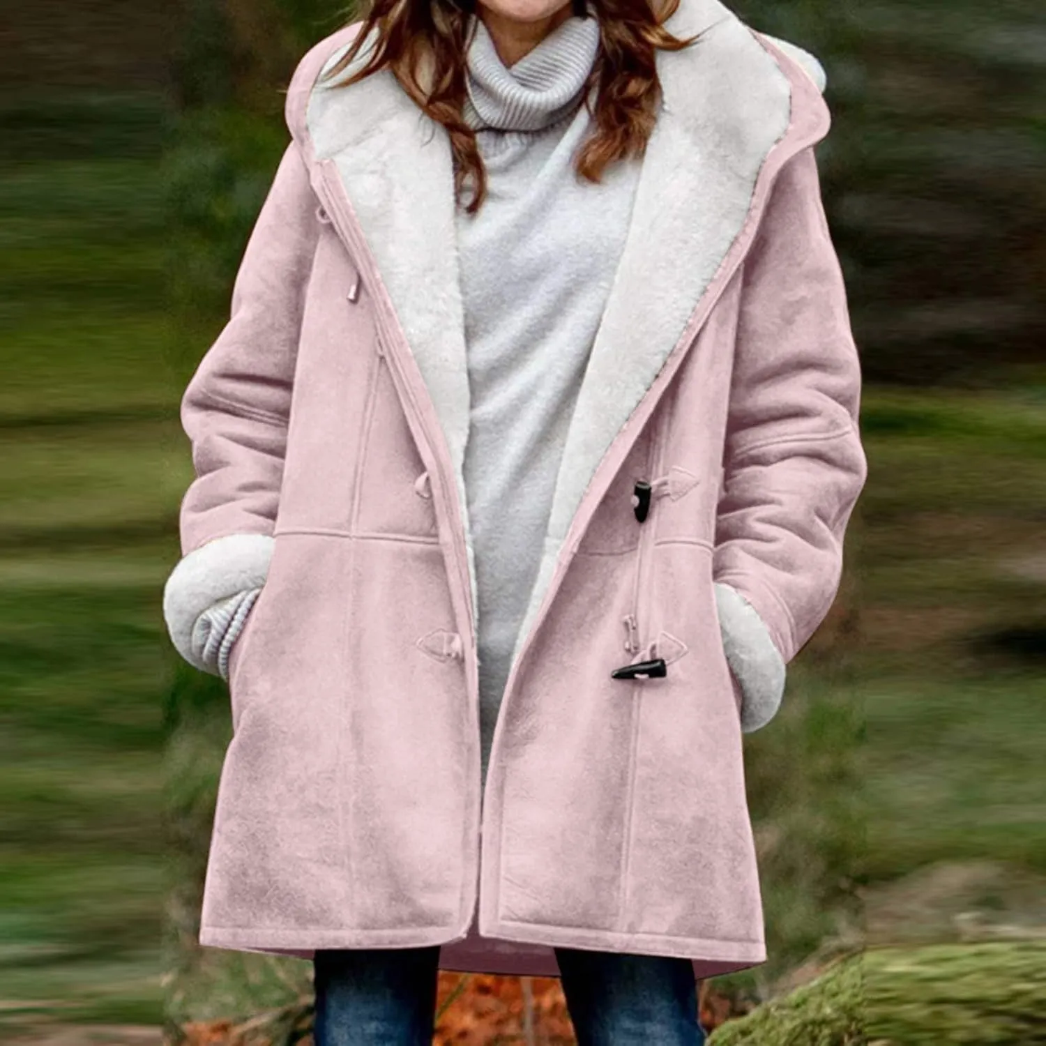 Women's Winter Down Jacket Warm Plush Hoodies Horn Button Coat Plus Size Wool Jacket Velvet Outerwear