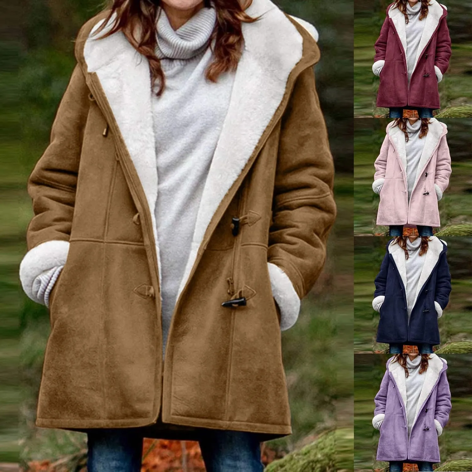 Women's Winter Down Jacket Warm Plush Hoodies Horn Button Coat Plus Size Wool Jacket Velvet Outerwear