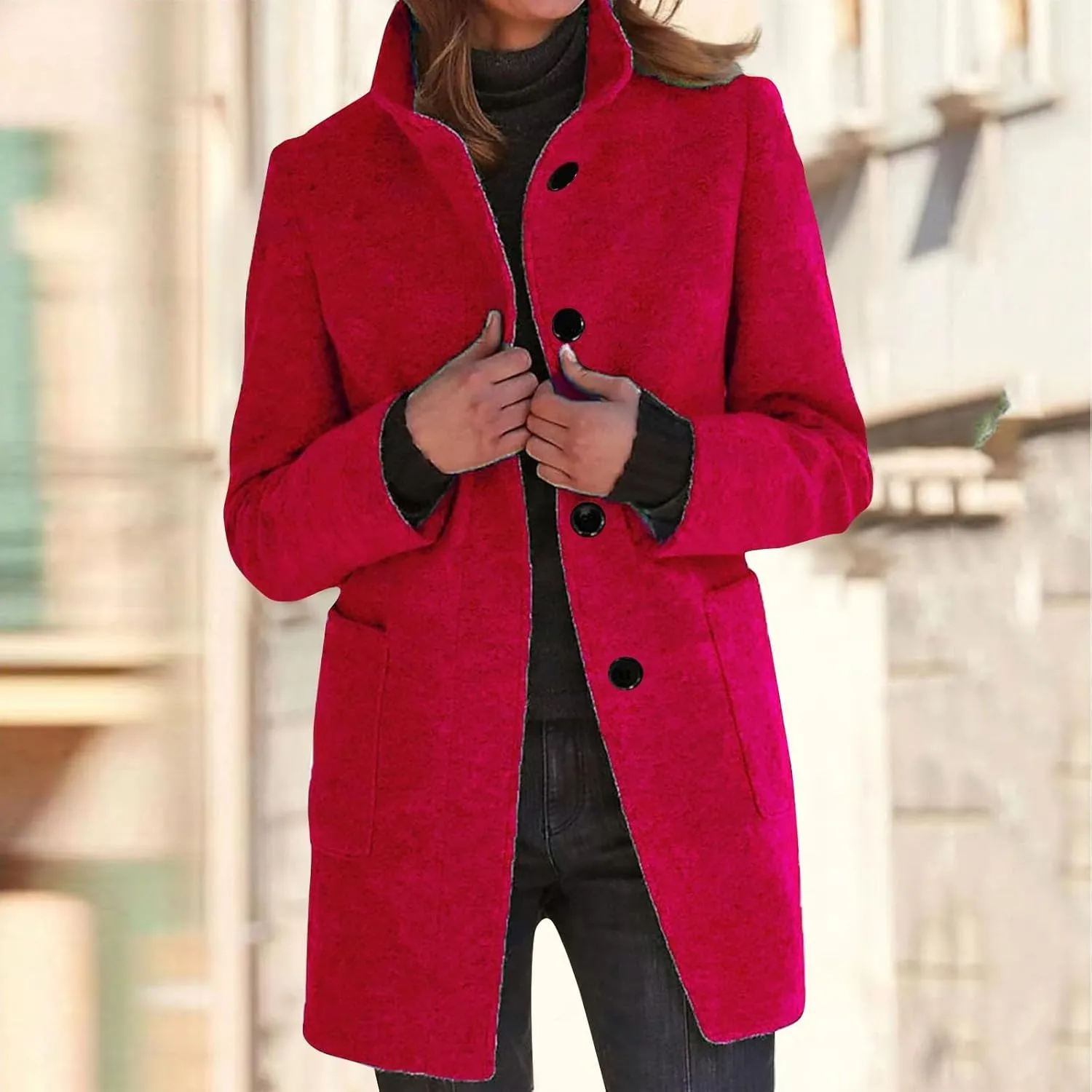 Womens Winter Long Pea Coats Wool Blend Peacoat Thicken Blazer Stand Collar Single Breasted Wool Coats 2024