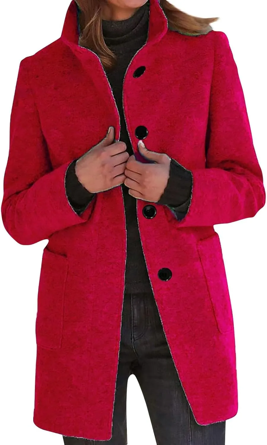 Womens Winter Long Pea Coats Wool Blend Peacoat Thicken Blazer Stand Collar Single Breasted Wool Coats 2024