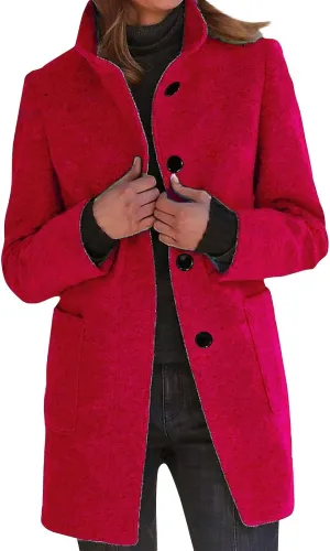 Womens Winter Long Pea Coats Wool Blend Peacoat Thicken Blazer Stand Collar Single Breasted Wool Coats 2024