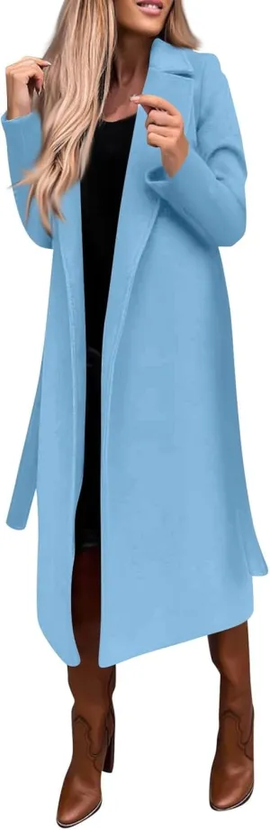 Womens Winter Trench Coats Elegant Long Length Slim Fit Coats Open Front Belt Overcoat Long Lapel Collar Pea Coat